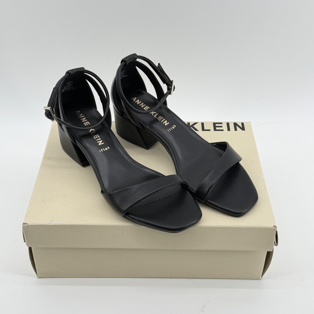 Anne Klein Mia Block Heel Sandals Black Strappy Ankle Strap 7.5M AKMIA MIA01F9
